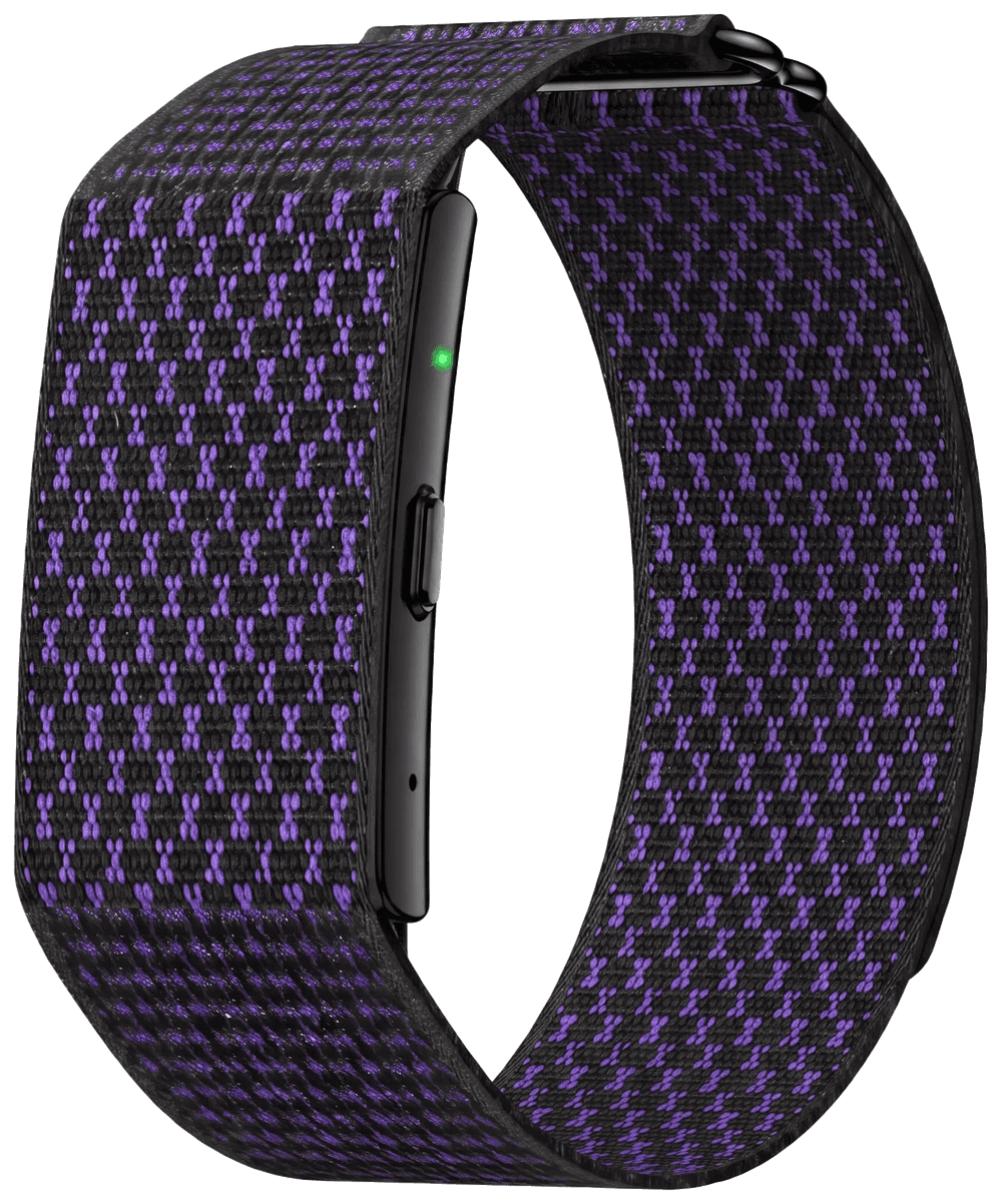 Bracciale FocusLM Capture: modulo nero senza schermo su un cinturino tessuto nero e viola, con un pulsante e una spia di registrazione